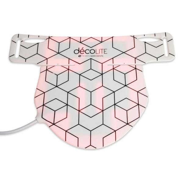 A white, geometric-patterned LED mask with pink lights beneath—Rio’s décoLITE Anti-Ageing Light Treatment for radiant skin—with a cable on the left side.