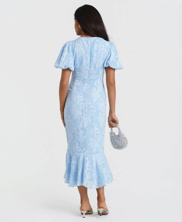 Needs No Label Blue Jacquard Shimmer Puff Sleeve Midi Dress