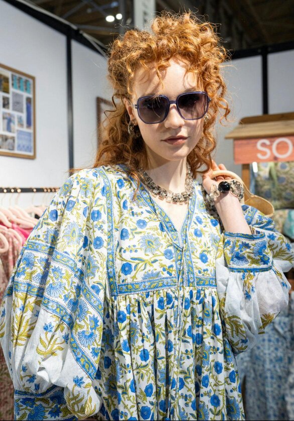 Amelia San Floral in Blue/Green Floaty sleeve maxi folk dress in woodblock print