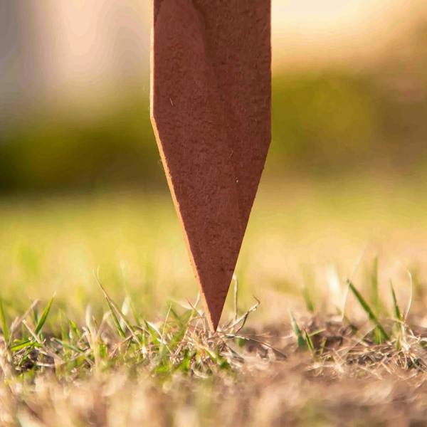 Rustic brown wooden fence stake driven into grass and soil for edging