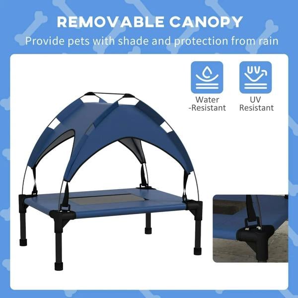 Dark blue raised pet bed with removable canopy and breathable mesh sides on black legs