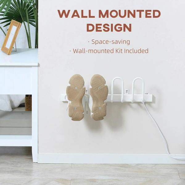 White wall-mounted shoe dryer kit with U-shaped holders and two warmers plugged in