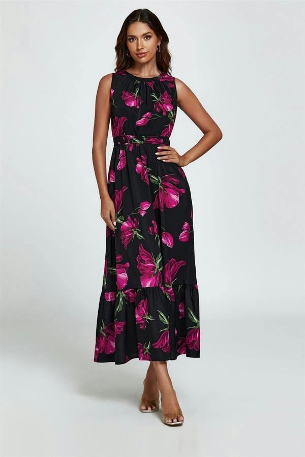 FS Collection Floral Print Halterneck Maxi Dress In Black