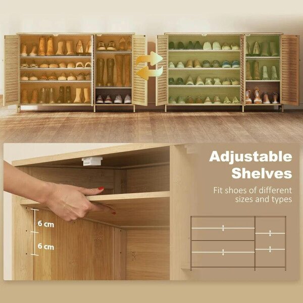 Bobobiy Bamboo Shoe Cabinet with Louvered Doors, 18 Pairs Shoe Storage Cabinet with Adjustable Shelves for Hallway, Natural