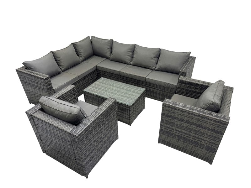Fimous Outdoor Rattan Rectangular Coffee Table Corner Sofa Sets Garden Furniture Set with 2 Chairs Dark Grey Mixed