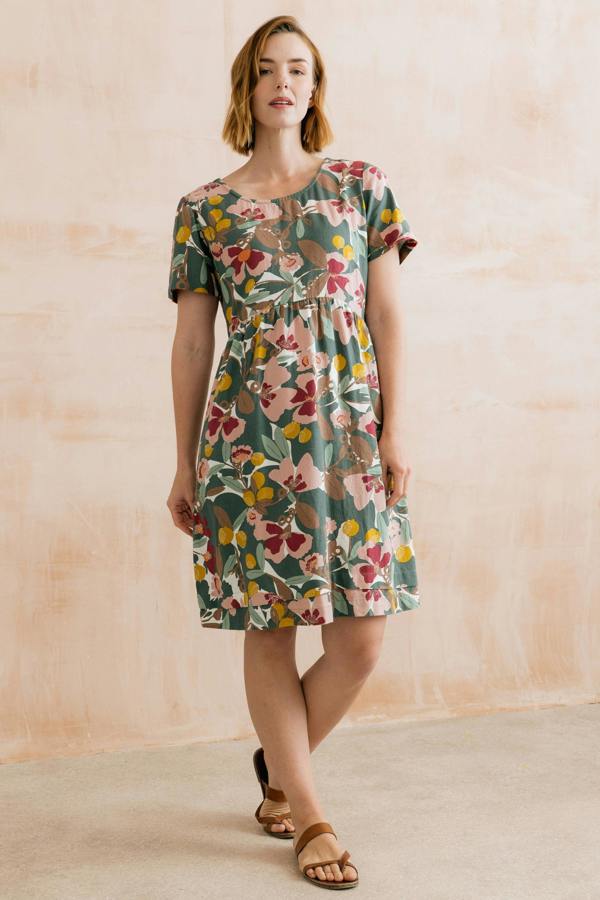 Lily & Me Carnival Linen Blend Printed Dress Laurel Green