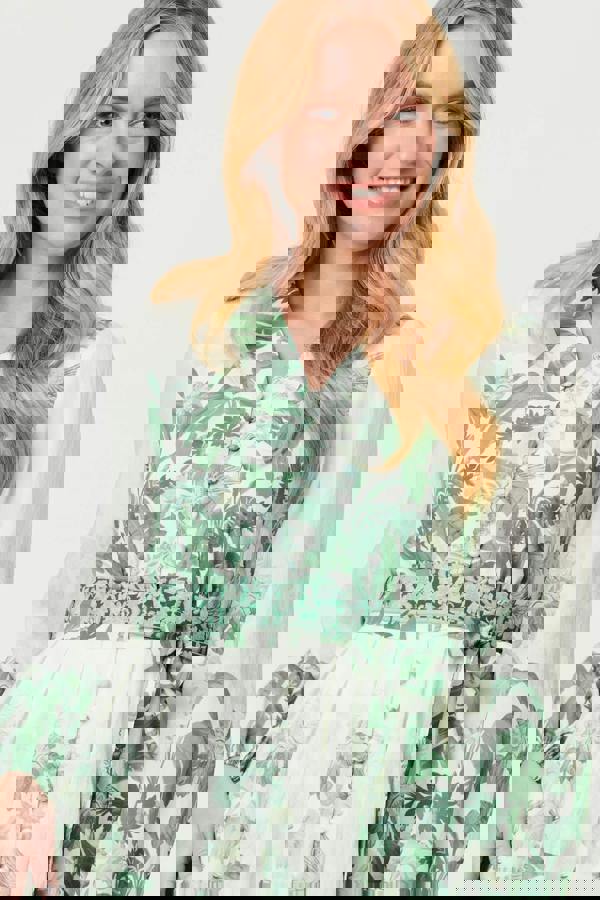 Green | Leaf Print Long Sleeve Tie Short Dress