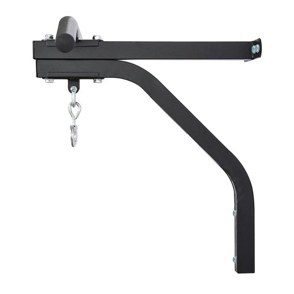Black punching bag wall hanger bracket with pull-up style curved arm and chain hook