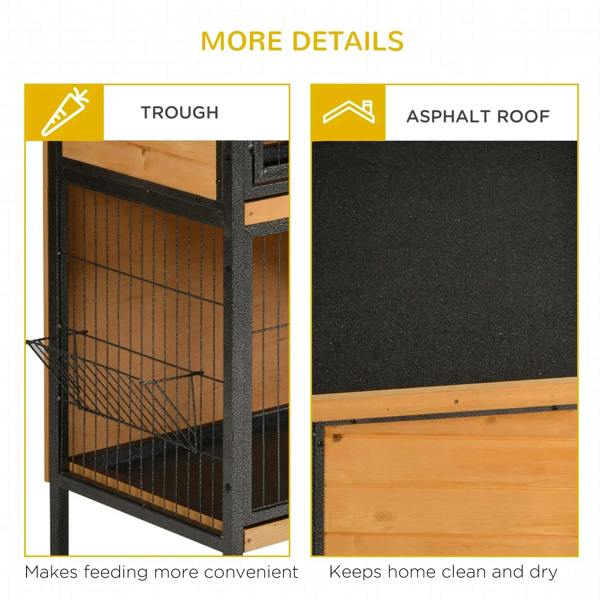 Rabbit hutch with wire mesh side panel and asphalt-style roof panel on the top platform