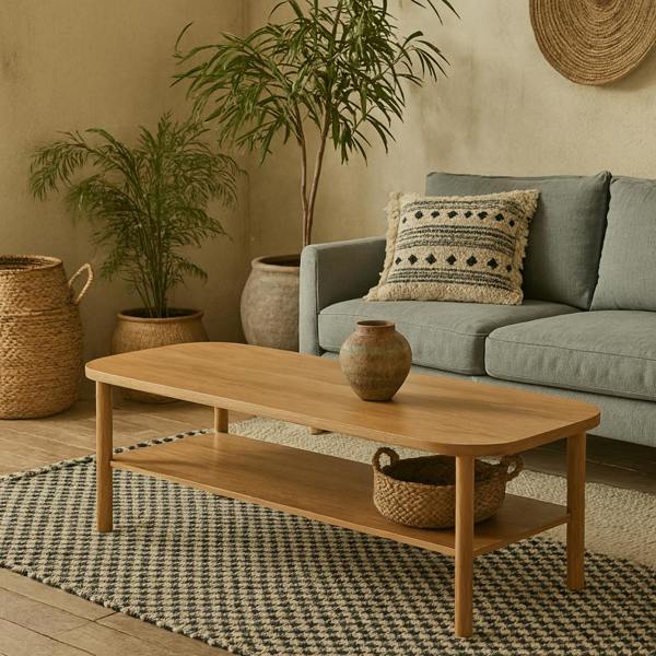 Wyld Haus Bermudas Natural Oak Wood Rectangular Coffee Table Bottom Shelf