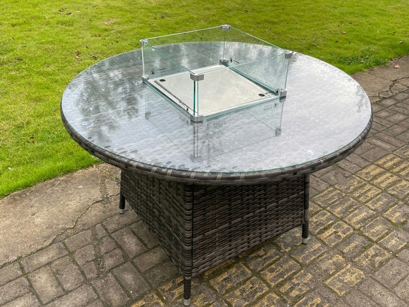 Fimous Rattan Garden Furniture Gas Fire Pit Round Dining Table Set Gas Heater And Dining Chairs 4 Seater