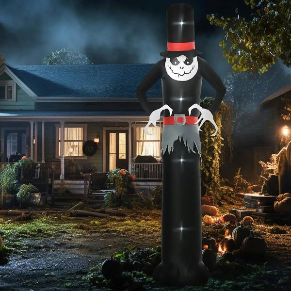 Black tall inflatable ghost with red-banded top hat and glowing LED face