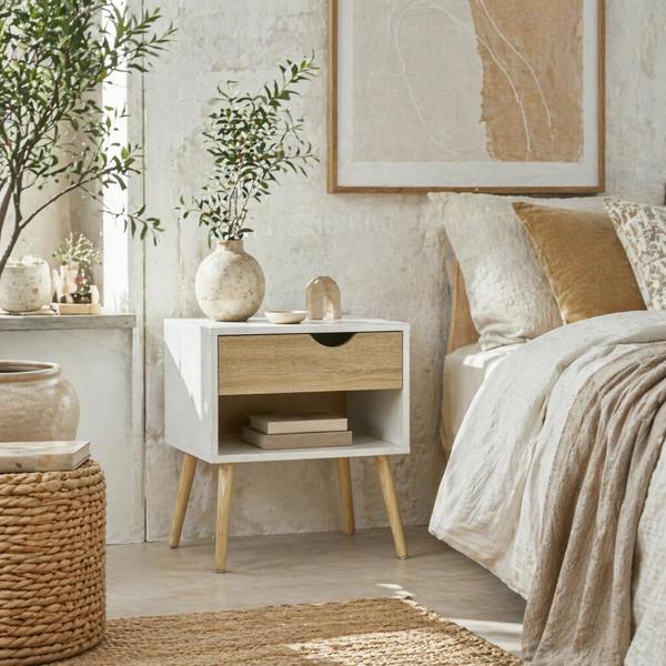 Wyld Haus Basuve White Modern Bedside Table With Natural Wood Drawer And Shelf