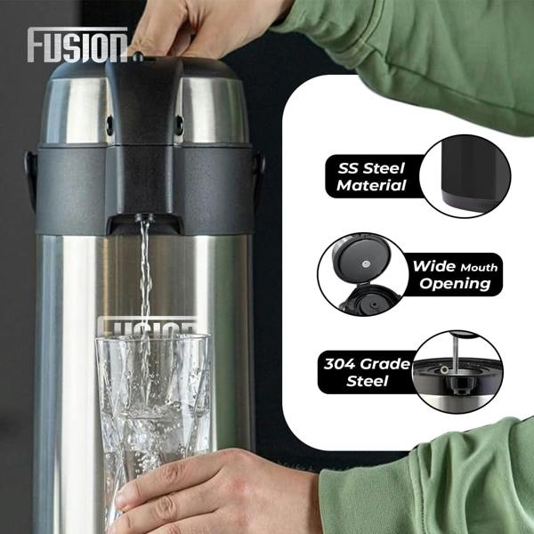 Fusion Food Care Airpot Flask 3L Double Wall Insulated Thermal Coffee Carafe with Pump Action & 360° Rotating Base
