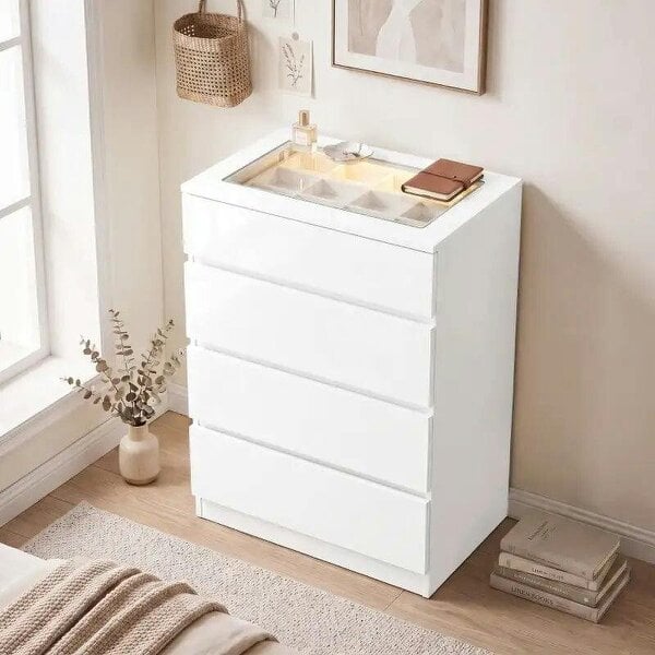 High Gloss 4 Drawer Chest of Drawers with Glass Top and RGB LED Lights, Dresser with Jewelry Organizer, APP Control