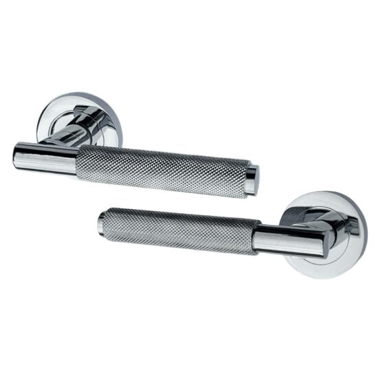 EDH Door Hardware Polished Chrome Knurled Door Handles on Round Rose – Handle Sets