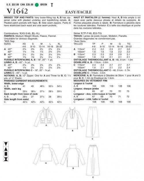 Vogue Sewing Pattern 1642, Tops, Trousers for Women, Y (XSM-SML-MED) - Easy
