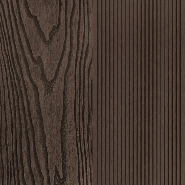 Brown composite decking boards featuring a wood grain texture on one side and a ribbed pattern on the other, ideal for outdoor use