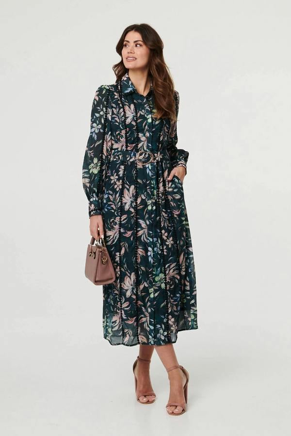 Green | Floral Lace Trim Belt Waist Maxi Dress