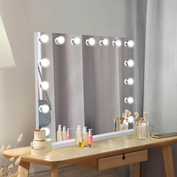 LED Bluetooth mirror measuring 58 x 46cm, featuring bright round lights, a sleek white frame, and a stylish vanity setup with cosmetics