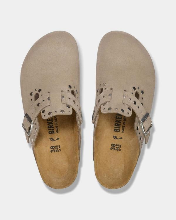 Birkenstock Boston Rivet Suede Leather Womens Clogs - Taupe | CHO | Designer Womens Clogs