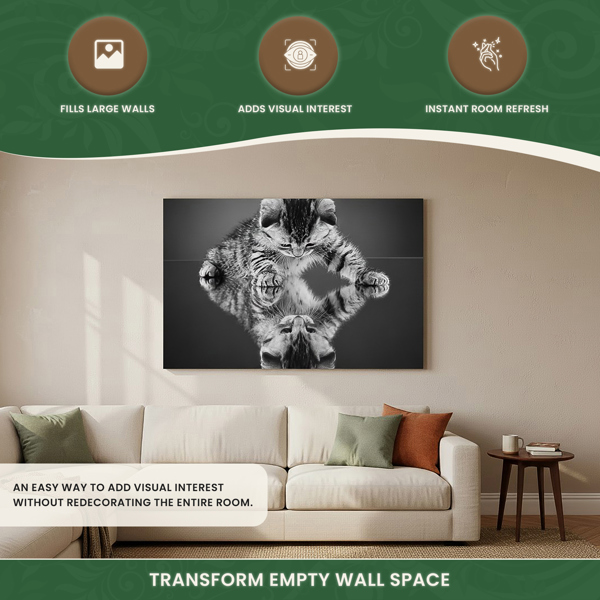Large ‘Kitten on a Mirror’ Canvas Print in Black and White, Stretched Canvas on Wooden Frame, 100cm Wide x 60cm High