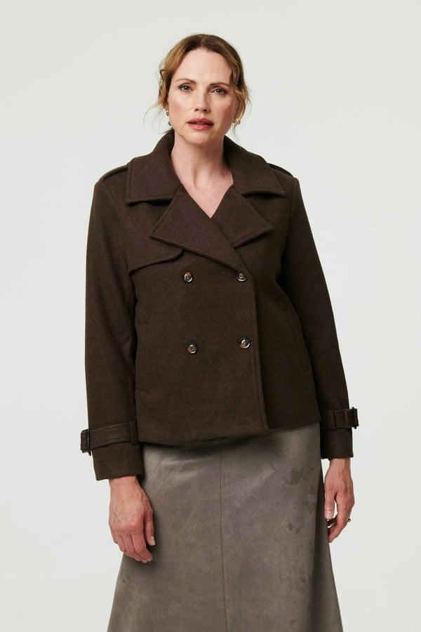 Brown | Textured Button Front Short Trench Coat
