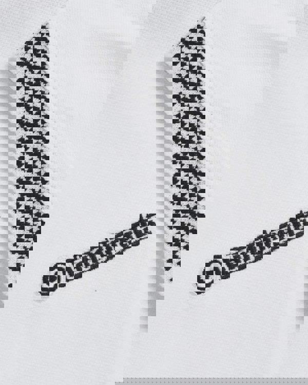 Lambretta Mens Classic Two Tone Ringer Retro Casual T-Shirt, close-up of the collar with black and white checkerboard trim and Lambretta logo embroidery.