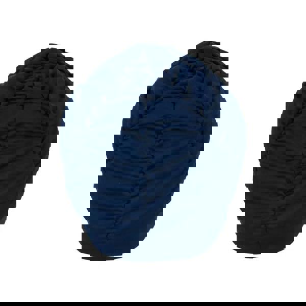 Navy blue pleated fabric swim cap with textured bean bag shape