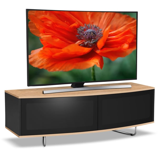 Centurion Supports Caru Gloss Black and Oak Beam-Thru Remote Friendly Super-Contemporary "D" Shape Design 32"-65" LED/OLED/LCD TV Cabinet