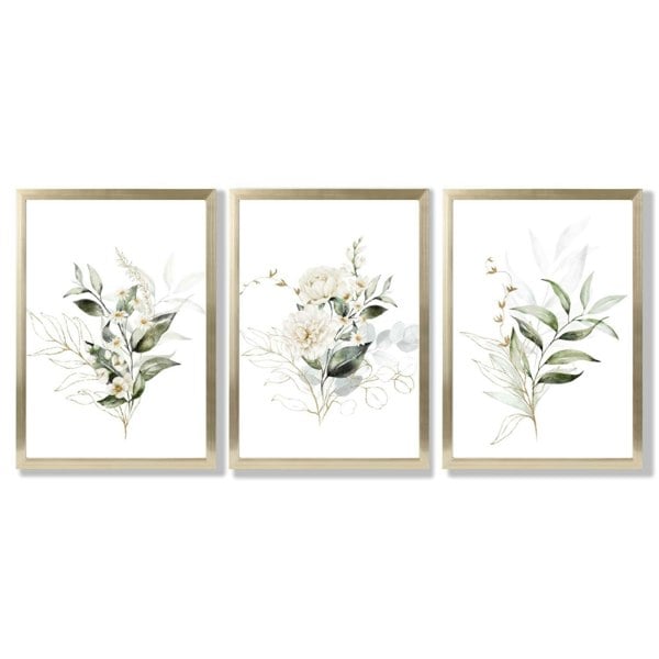 White an Green Floral Bouquets Set of 3 Framed Art Prints with Gold Wood Frames