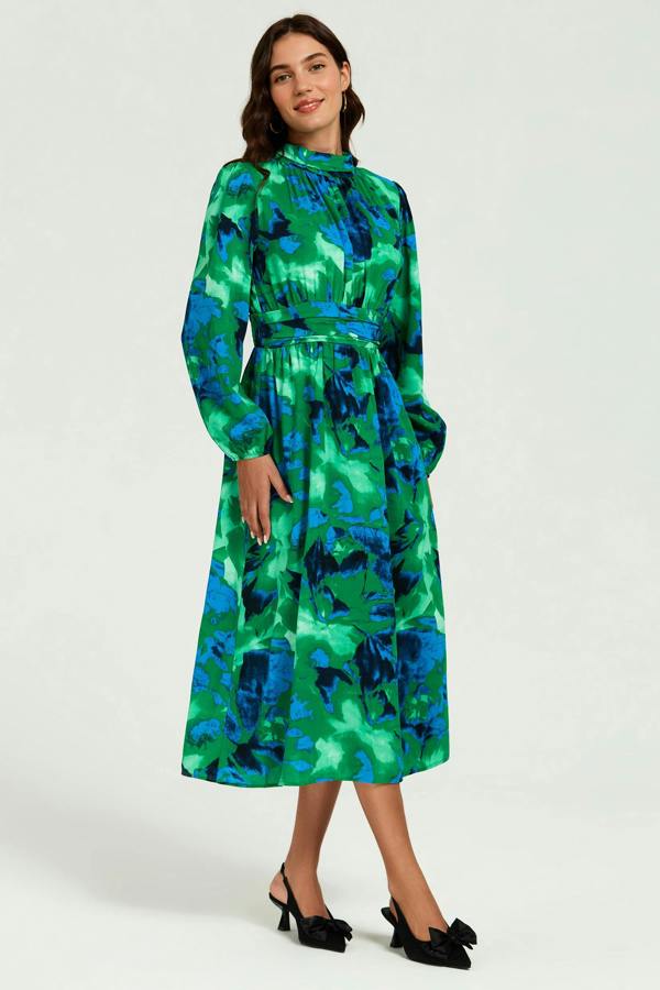 FS Collection Abstract Floral Print Long Sleeve Midi Dress In Green