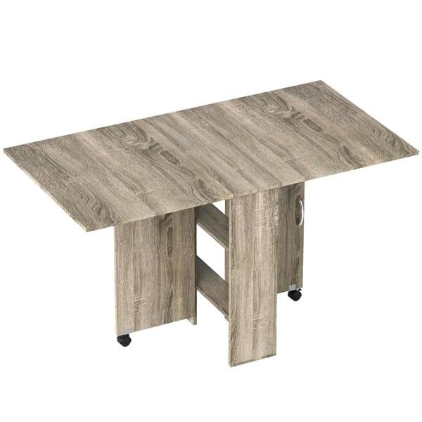 Grey folding dining table with two drop leaves extended and shelf, on casters