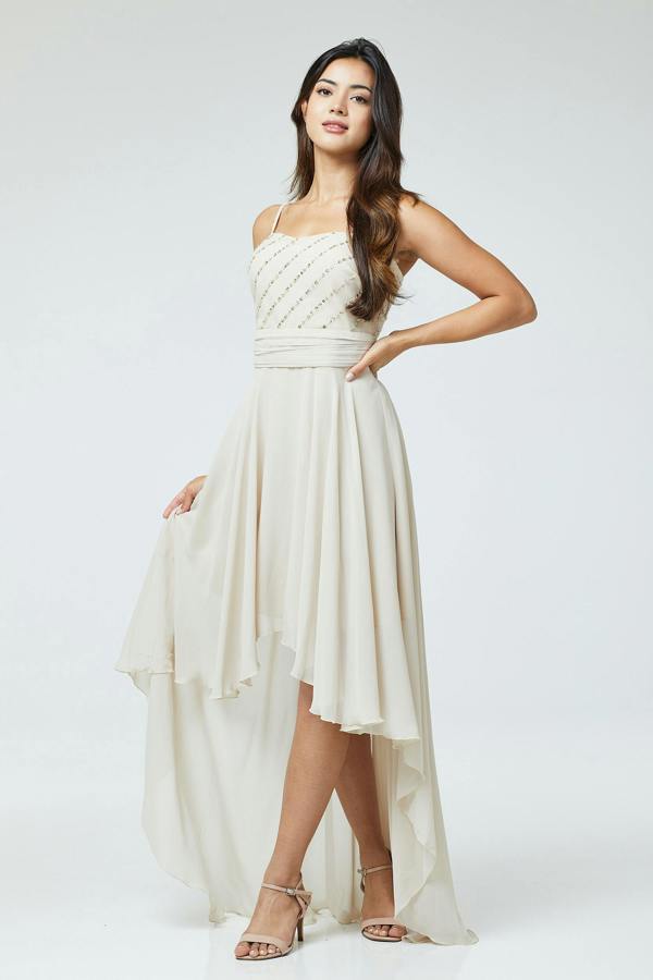 LuvForever Nude Sequin Asymmetric Long Dress