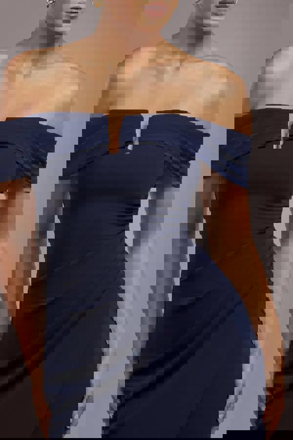 Off The Shoulder Chiffon Wing Scuba Crepe Midi Dress - Navy Blue DR4584