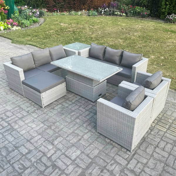 Fimous Rattan Garden Sofa Dining Set with Adjustable Rising Table, Lounge Chair, Side Table & Footstool