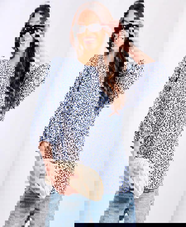 Blue Animal Puff Sleeve blouse