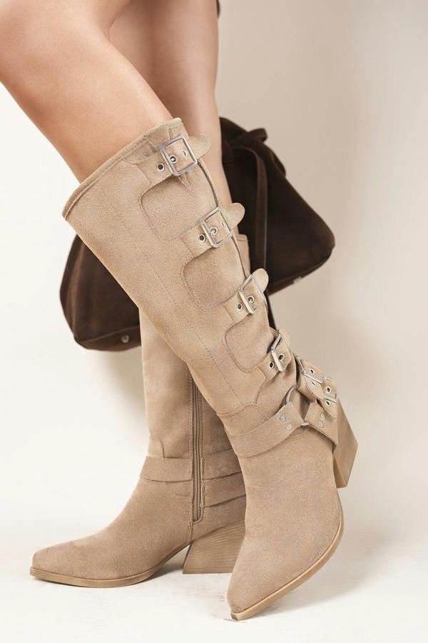 Ornella Block Heel Knee High Boots With Buckle Strap Detail - Khaki/Tan