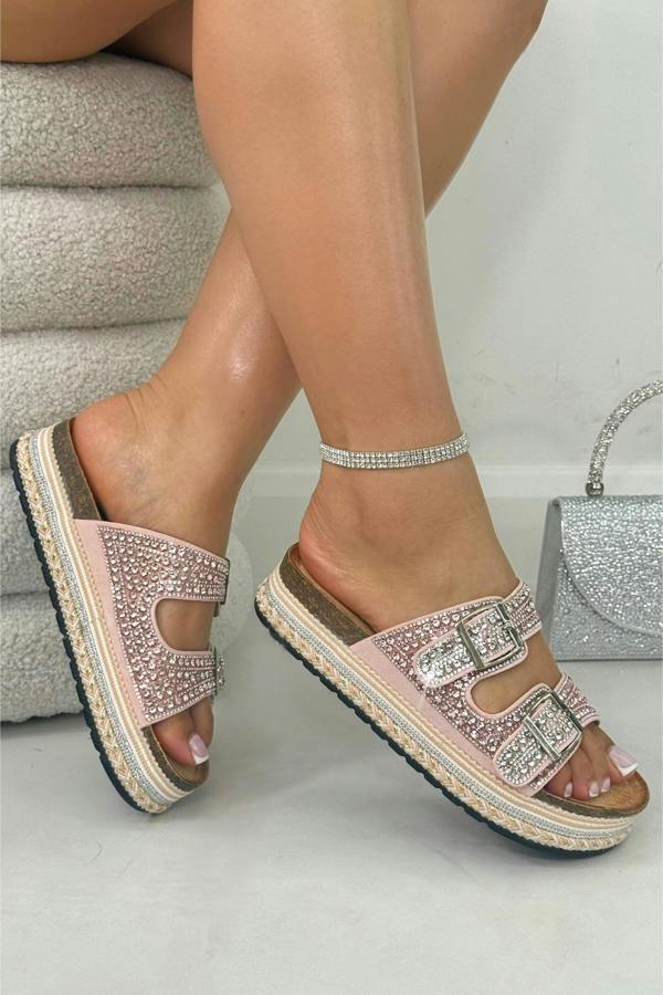 Love Lemonade Crystal Riviera Double Buckle Sliders Pink
