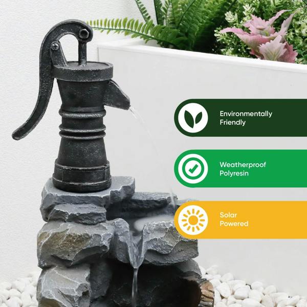 Gardenwize Solar Powered Hand Pump Water Feature – Garden Fountain with Rustic Charm for Patios, Gardens & Outdoor Spaces