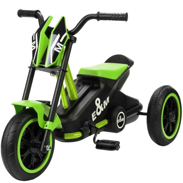 Green 3-wheel kids pedal tricycle with black handlebars, seat, and spoked wheels