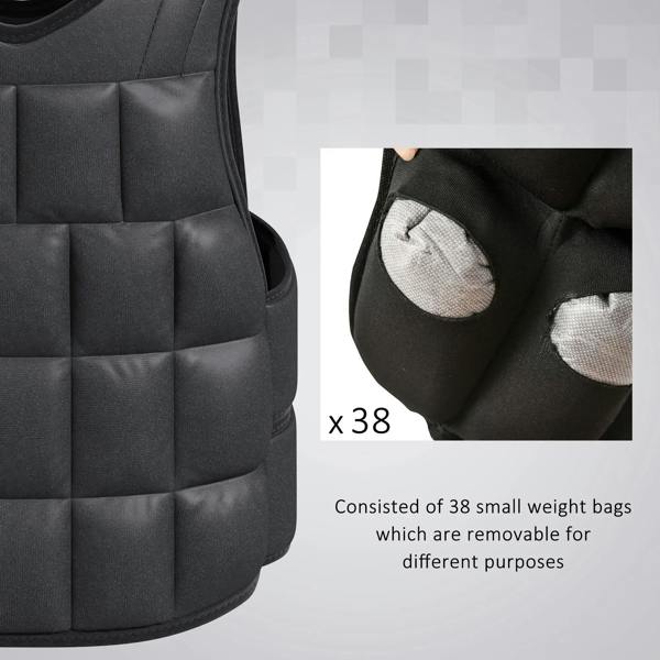 Black weight vest front with quilted padding and removable weight-bag pouches