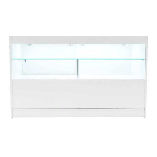 White Phoenix LED shop counter set featuring sleek design, glass shelves, and integrated lighting for enhanced display visibility