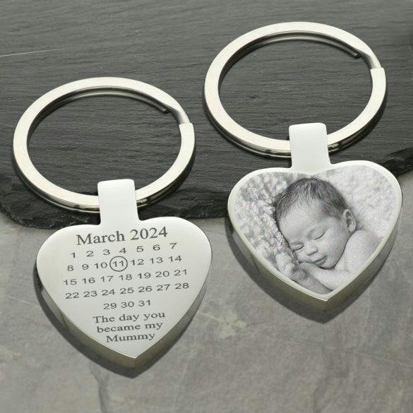 Christopher James of London Mirror Polished Special Date Calendar & Photo Engraved Heart Keyring
