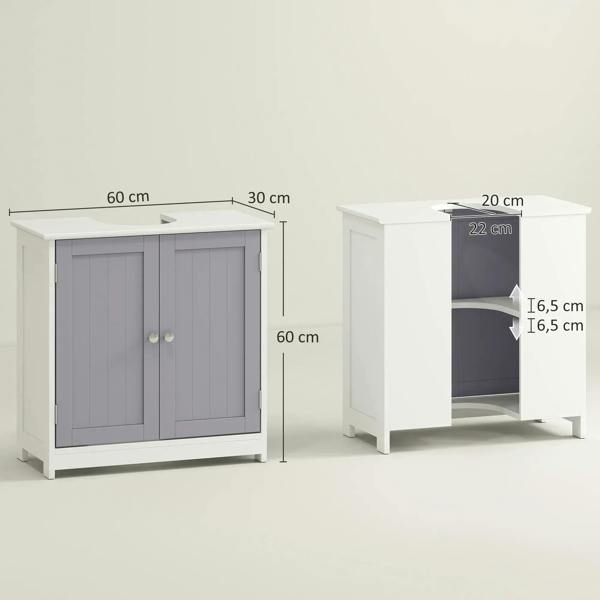 Under-sink storage cabinet with adjustable interior shelf, grey doors, and white exterior