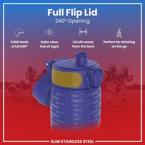 A blue, slim stainless steel water bottle with a full flip lid, showing 240° opening, rests against a blurred background of football players. The bottle features repeated "Ravens Flock Baltimore" text.