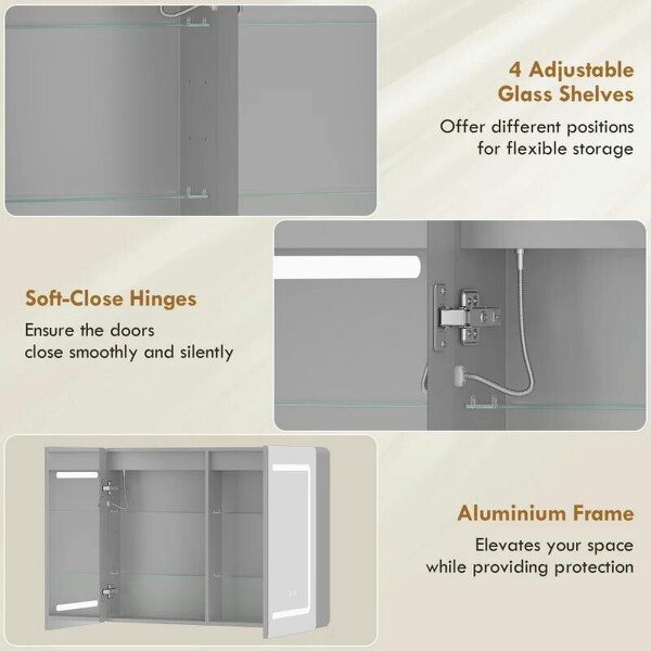 Mirrored Bathroom Cabinet with LED Lights, 60 x 80 cm Bathroom Mirror Cabinet with Anti-Fog, 3 Colour Dimmable Lighting