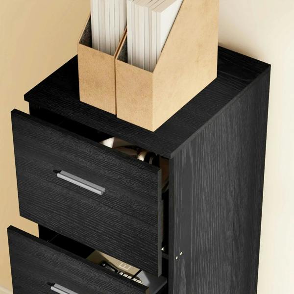 Black lockable filing cabinet with drawers open and adjustable hanging card holders