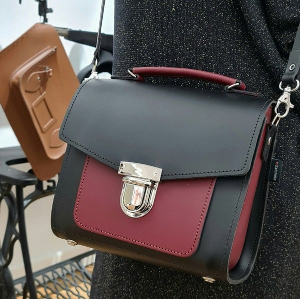 Zatchels Handmade Leather Two Tone Sugarcube Handbag Black - Oxblood