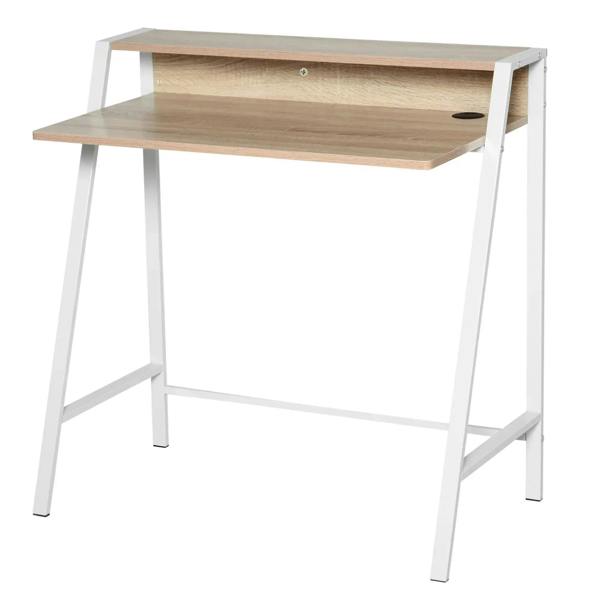 White writing desk with oak-effect top, integrated cable hole, and lower shelf
